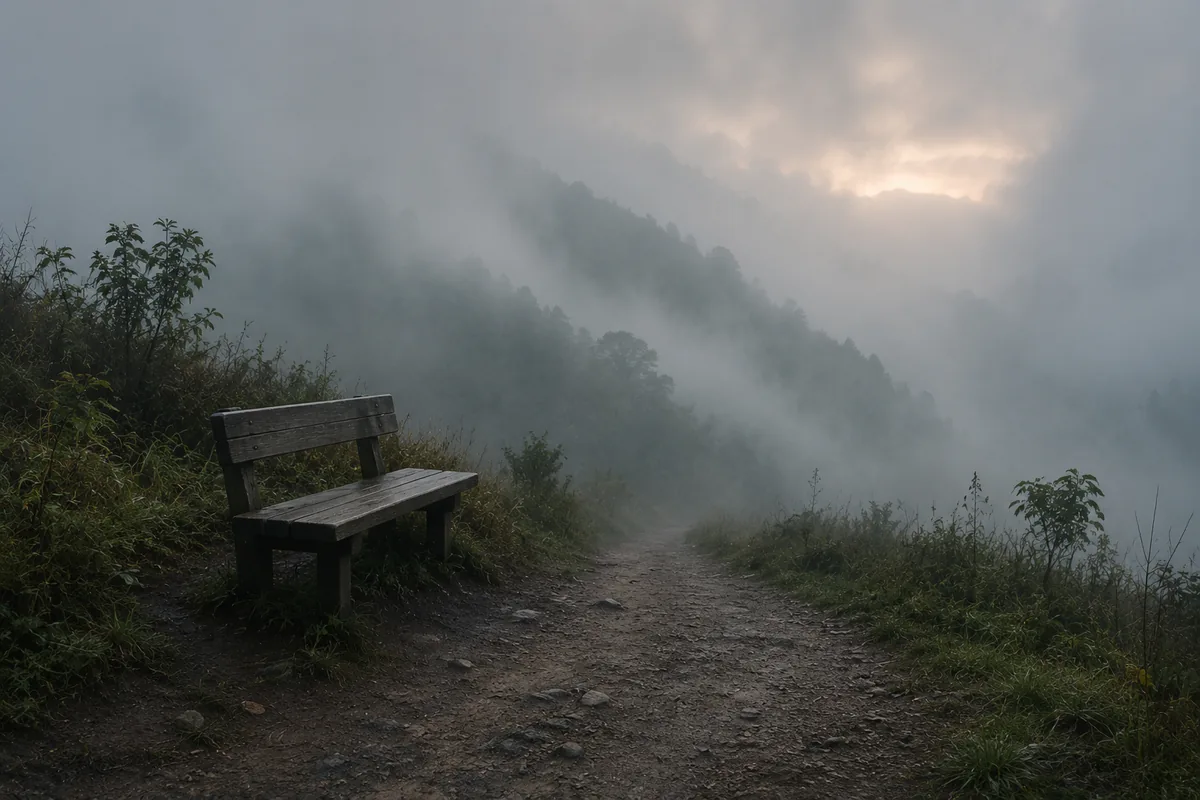 An empty bench beside a trail disappearing into mountain fog