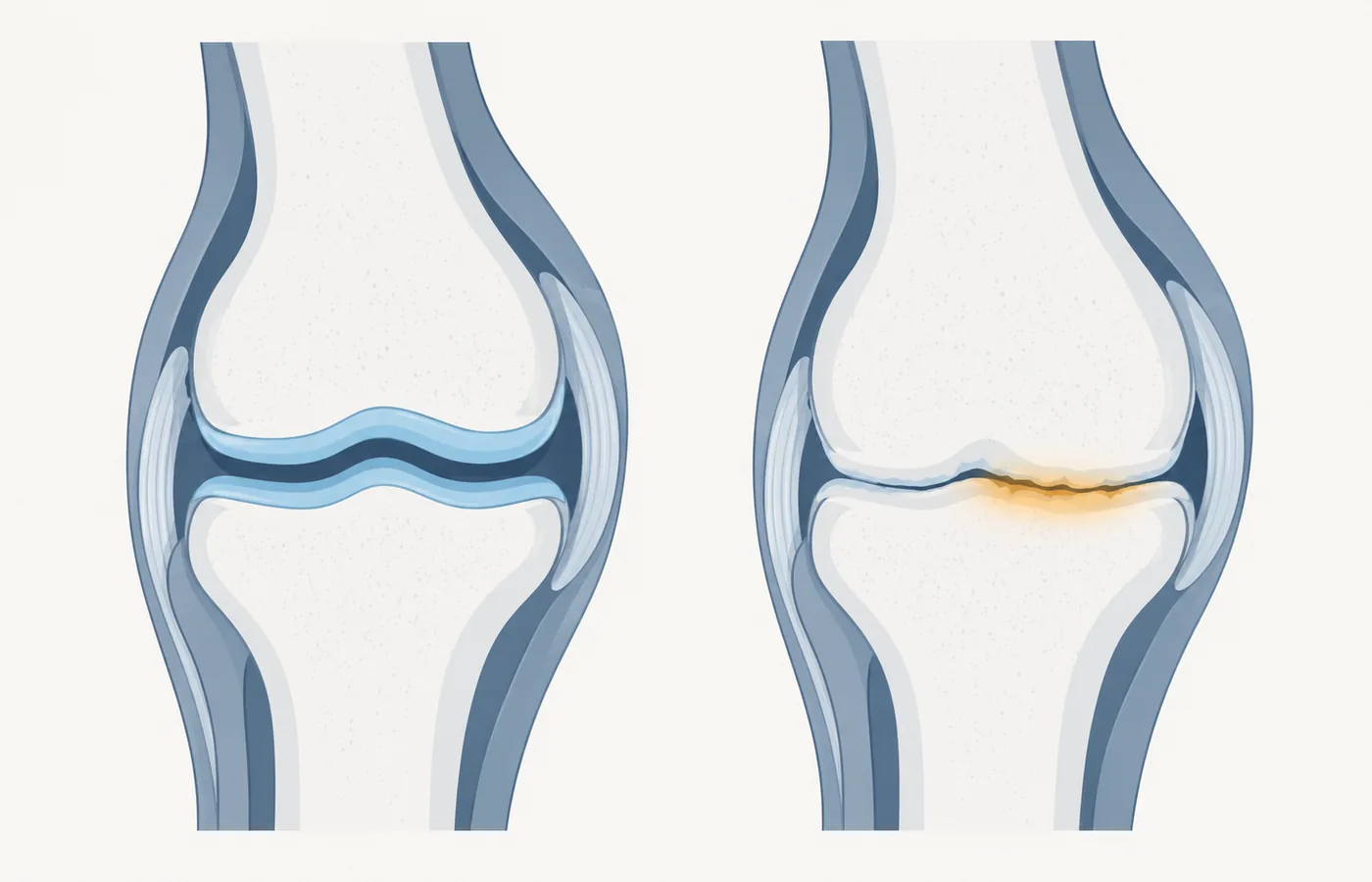 Illustration comparing a healthy knee joint with intact cartilage to one with worn cartilage and direct bone contact