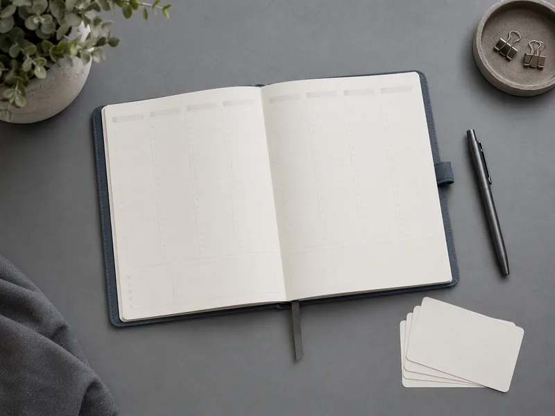 An open blank day planner with appointment cards and a pen