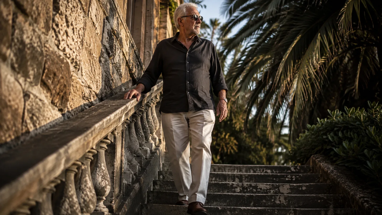 A man in his late sixties walking down stone steps outdoors