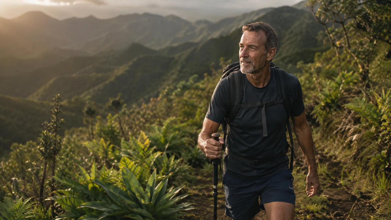 A man in his sixties hiking a mountain trail at sunrise
