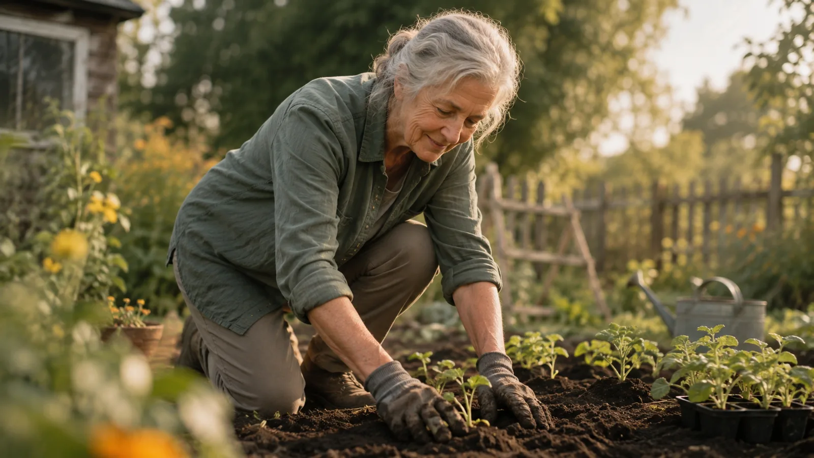 A woman in her sixties kneeling in a garden bed planting seedlings