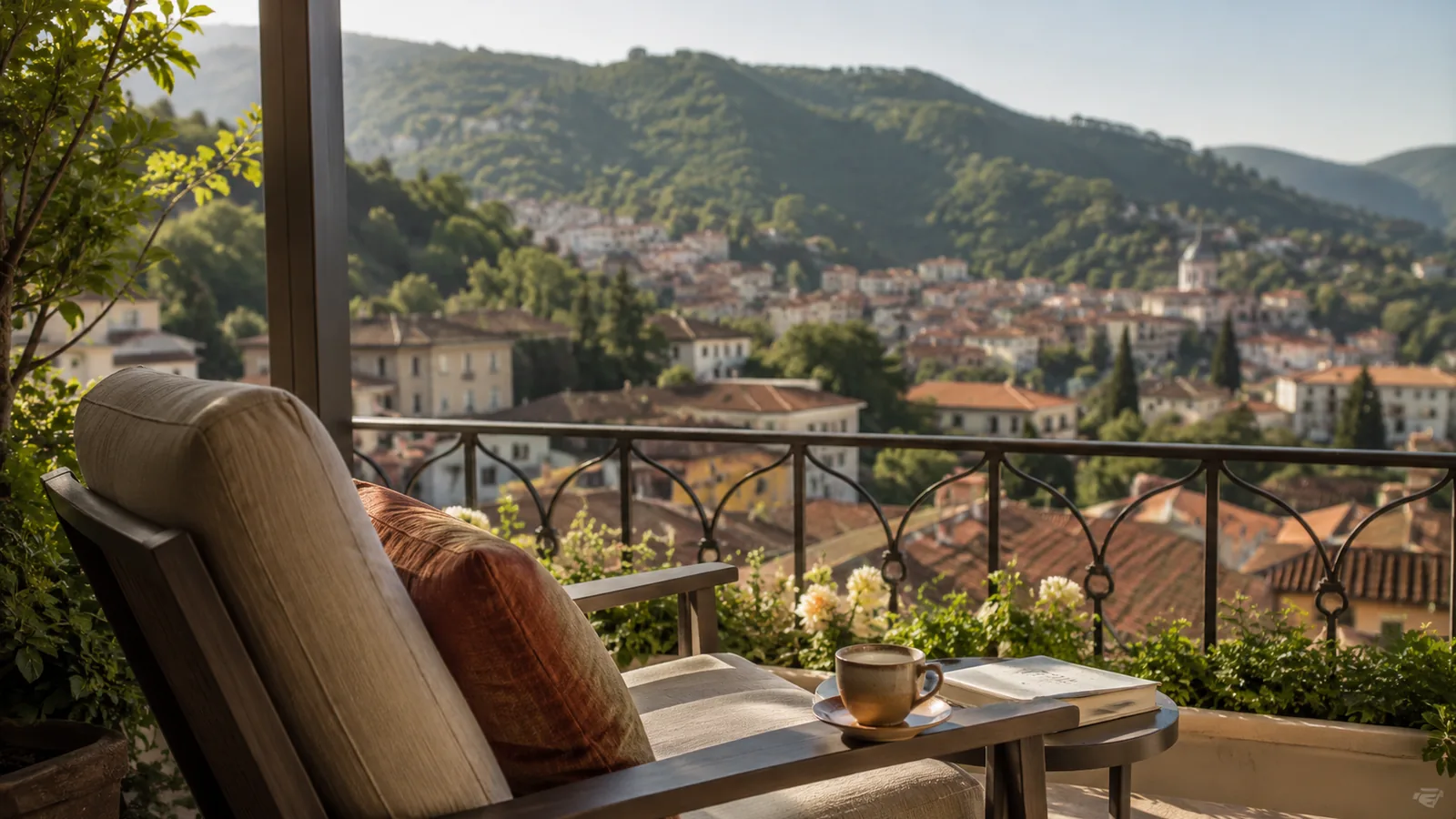 A balcony overlooking Medellin's green hillsides